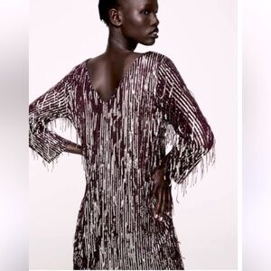 🎭Zara Fringe Burgundy Sequin Fringe Mini Dress Small